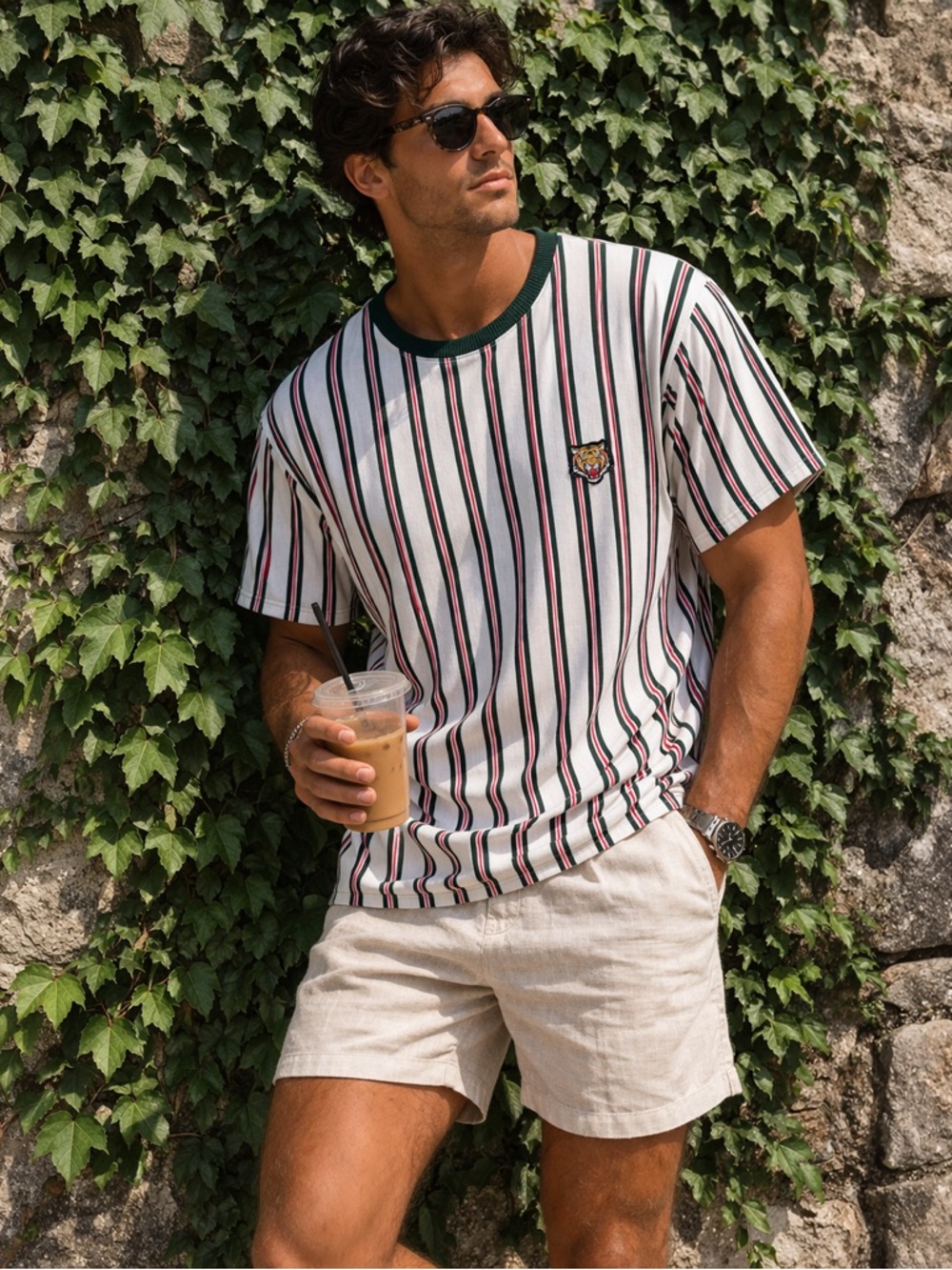 D&F RICKY SINGH Athleisure Street Style Striped Tiger Tee, M